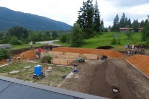 The roof of the earthship gives a great overview of the Sepp Holzer high beds and hugelkulture bed. We think we may be the first installation of these high beds in Canada!